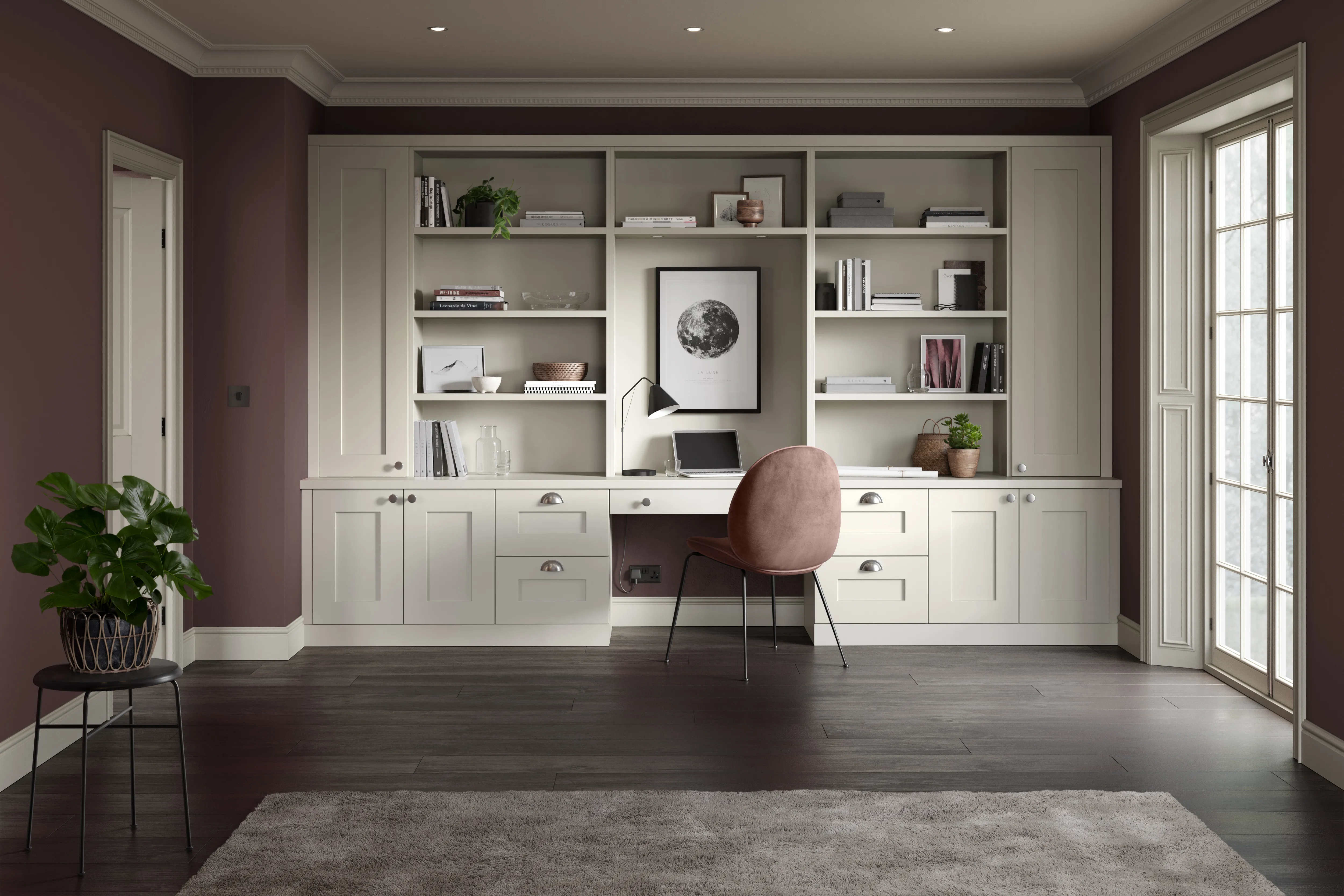 3D render of integrated home office shelving