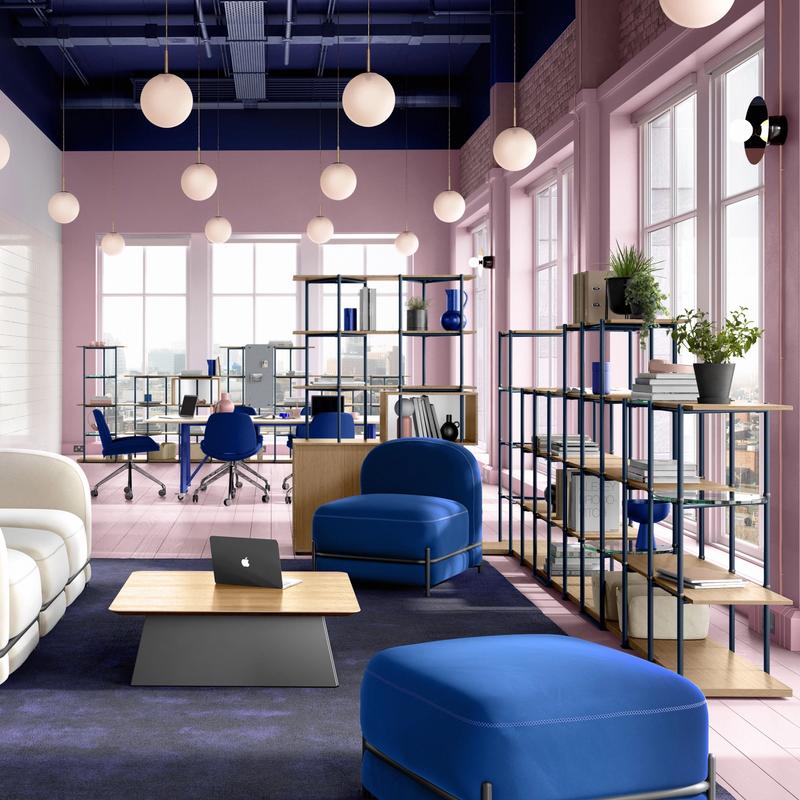 Blue and purple open planned office with shelving and furniture defining individual zones, CGI by Pikcells