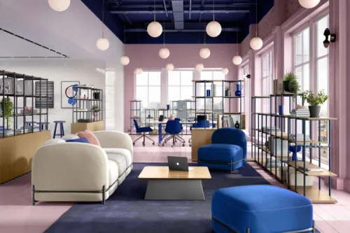 Blue and purple open planned office with shelving and furniture defining individual zones, CGI by Pikcells