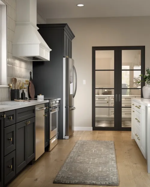 CGI render of a maple black and white contemporary kitchen, French doors lead into a matching utility area.