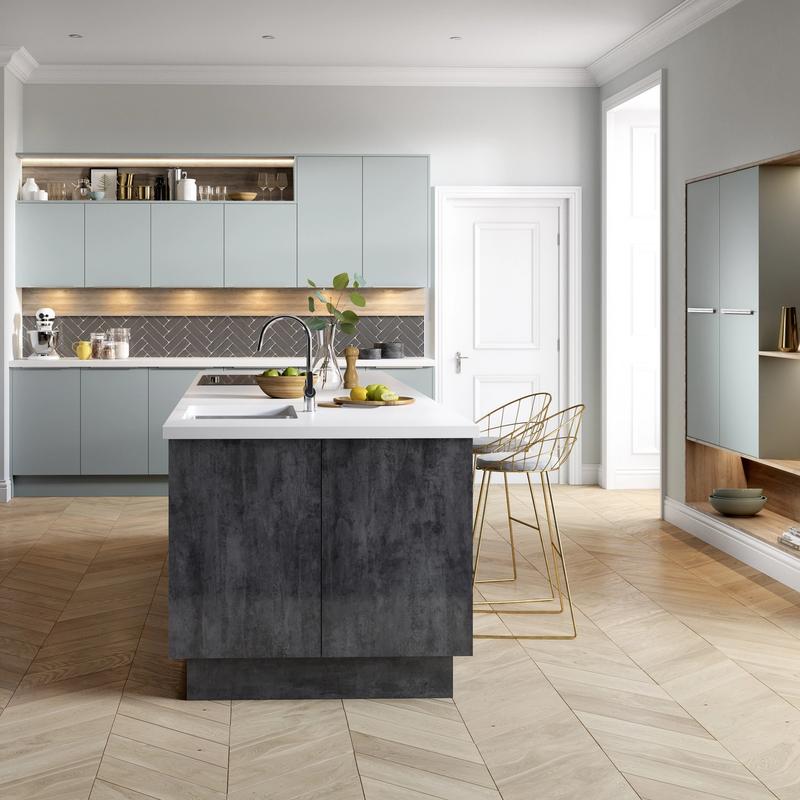3D render of a modern kitchen with central island