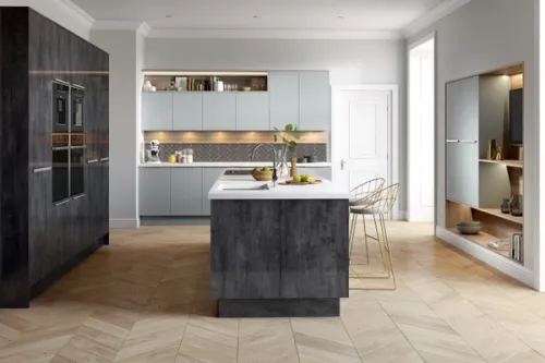 3D render of a modern kitchen with central island
