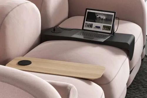Flord sofa detailed CGI render displaying a laptop with integrated sofa table