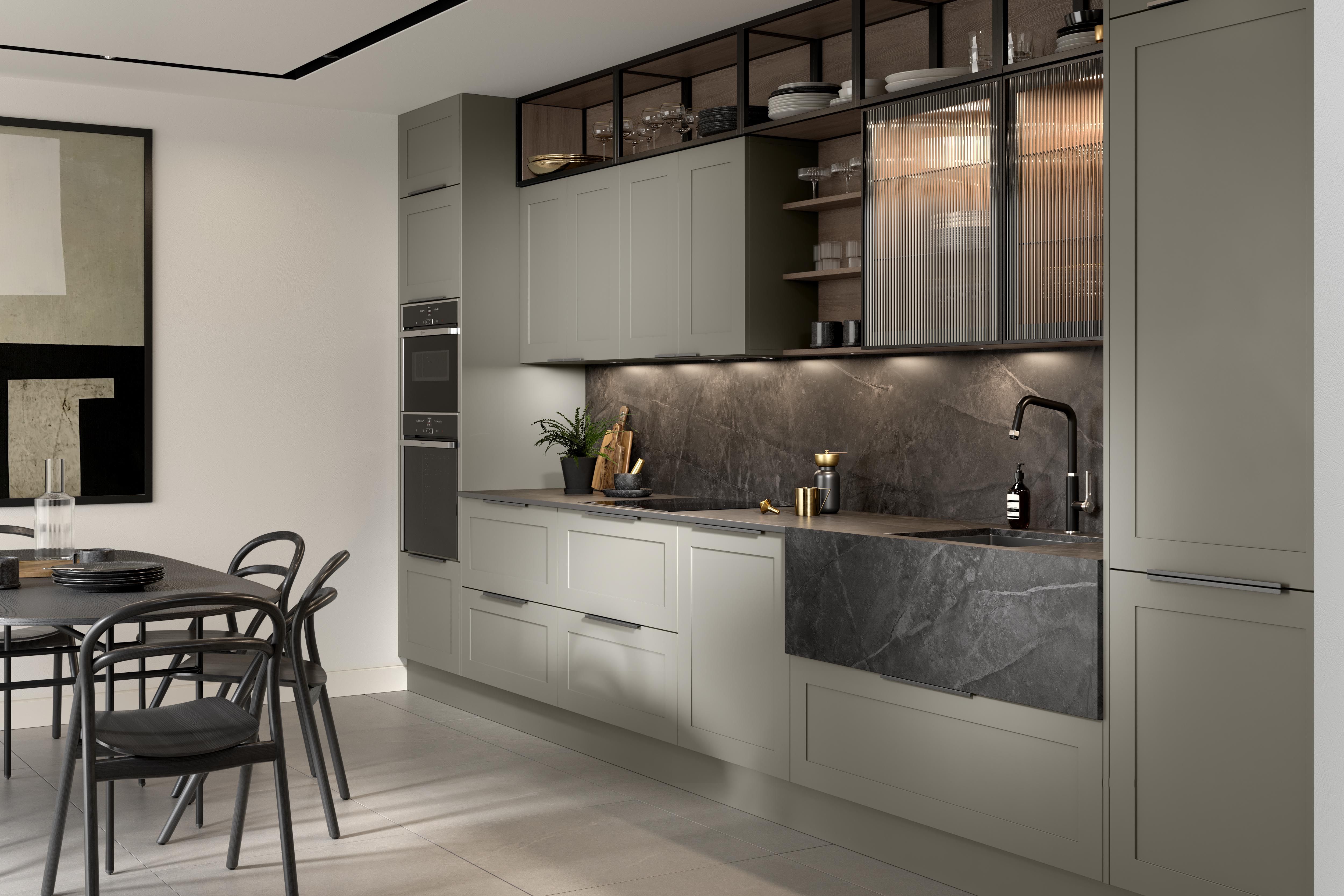 CGI of a grey apartment kitchen diner area