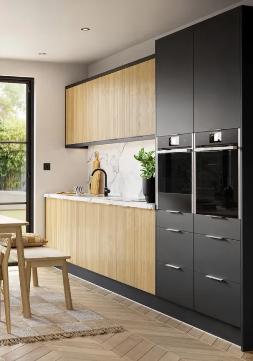 CGI Japandi styled kitchen sink area with a black tap, cabinetry and oak ribbed doors