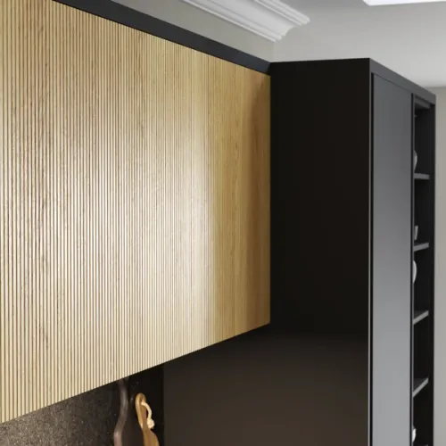 Cameo image displaying the ribbed oak texture of this Japandi inspired cabinetry