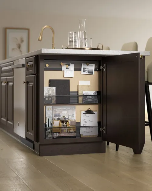 Dark wood cabinetry CGI with a hidden family message centre