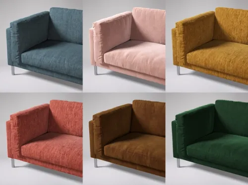 Detailed 3D silo renders showing six sofas with different fabric variations