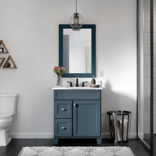 Blue bathroom vanity cabinet with matching mirror, 3D Render by Pikcells