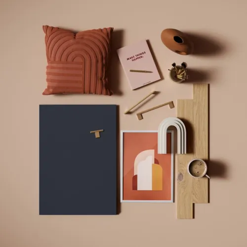 CGI flat-lay with abstract decor items arranged in fascinating ways to showcase colour, texture and combinations for an upcoming bedroom interior