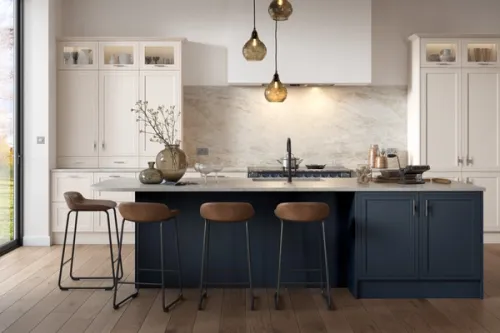 A contemporary Shaker kitchen with organic tones designed around the brief of 'Sleek Serenity'