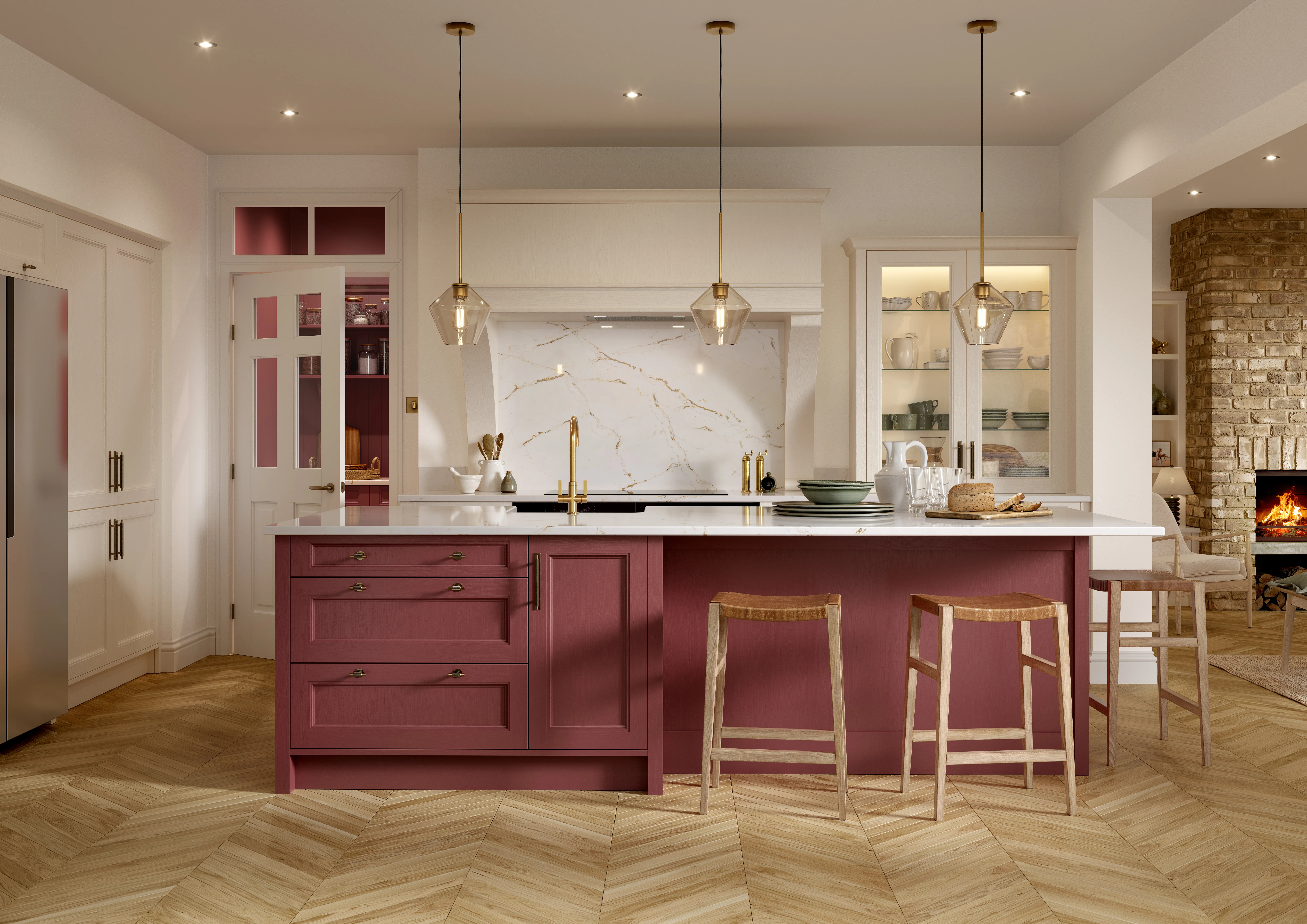 CGI render of Lawrenson antique red and shell ivory kitchen cabinetry with a warm, trend-led Scandinavian palette of creams, reds, and metallic brass.