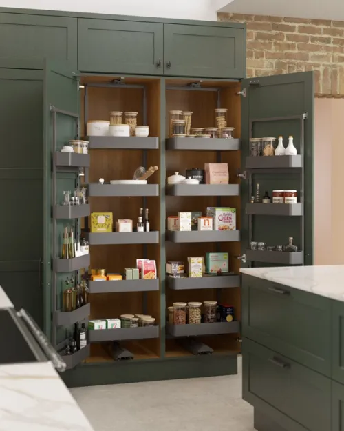3D render displaying a Vauth Sagel kitchen larder cabinet with open doors