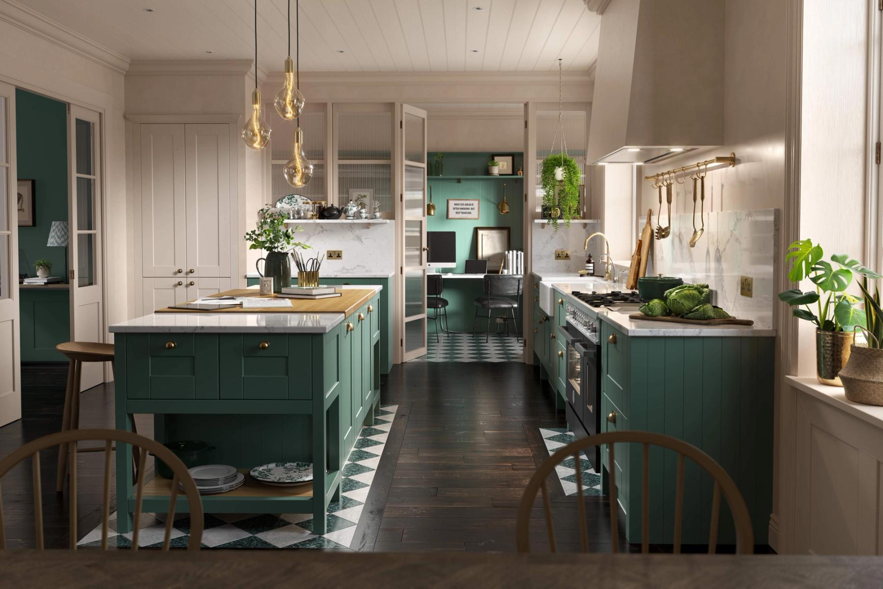 CGI cream and green kitchen interior with boot room utility, winner of Kitchen of the Year 2021.
