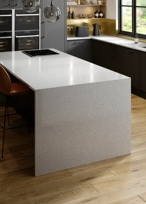 3D rendered island breakfast bar with glossy concrete effect worksurface