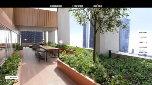 360° photorealistic 3D render of a roof terrace, displayed in our interactive property tour.