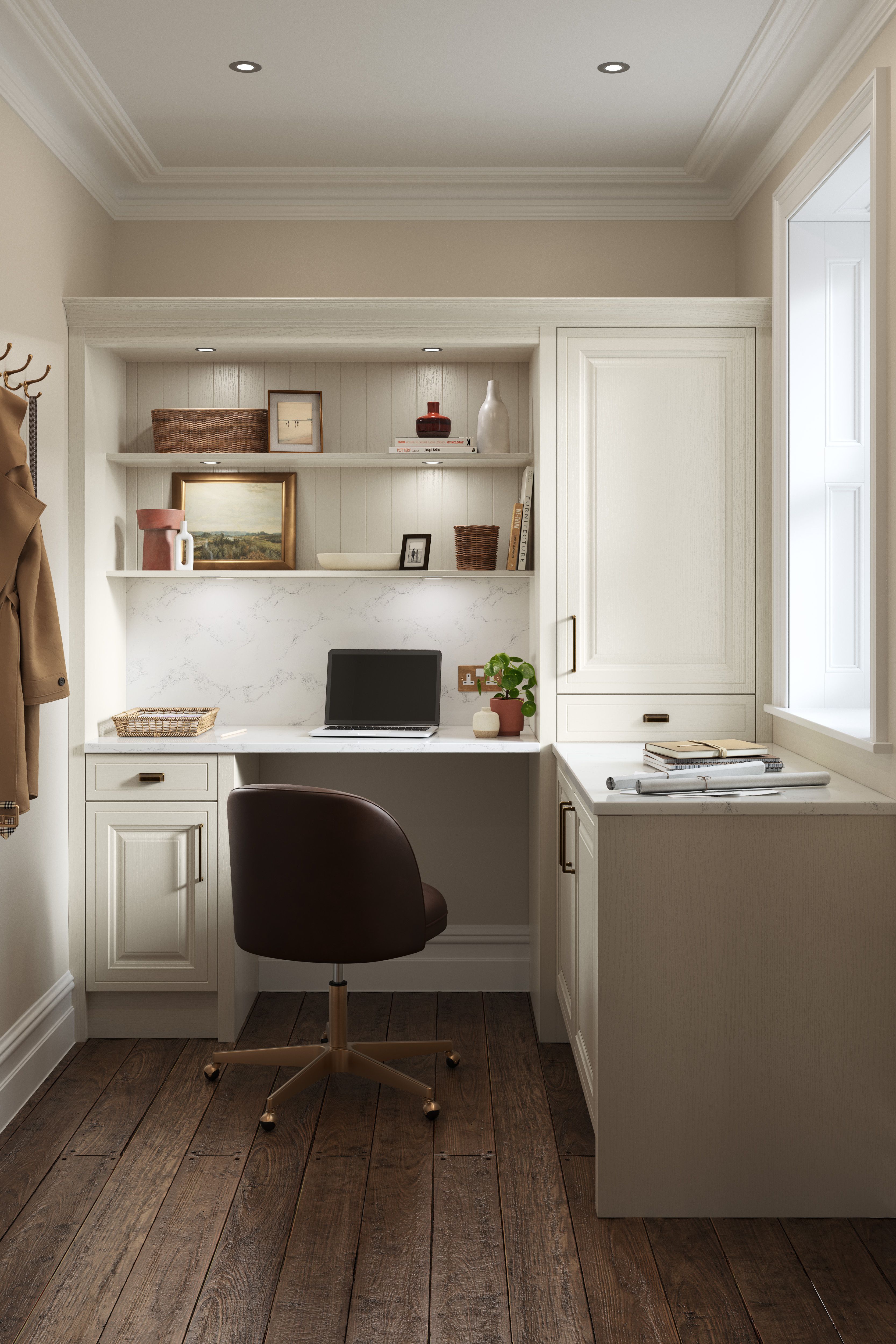 3D render of a cream coloured home office space with a contemporary feel