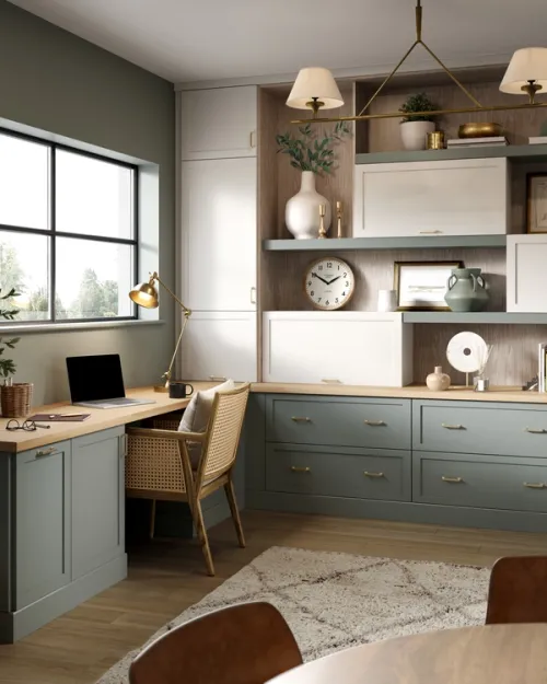 3D render of a Shaker style home office with sage and cream cabinetry