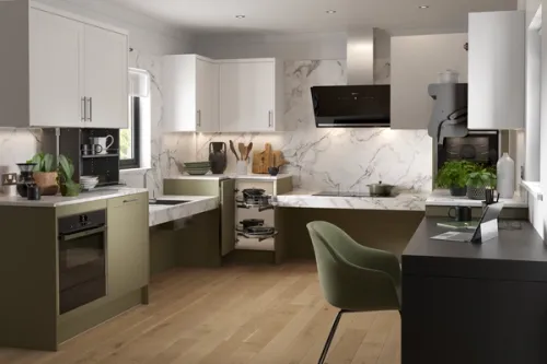 Green Shaker accessibility kitchen roomset CGI displaying open cabinetry