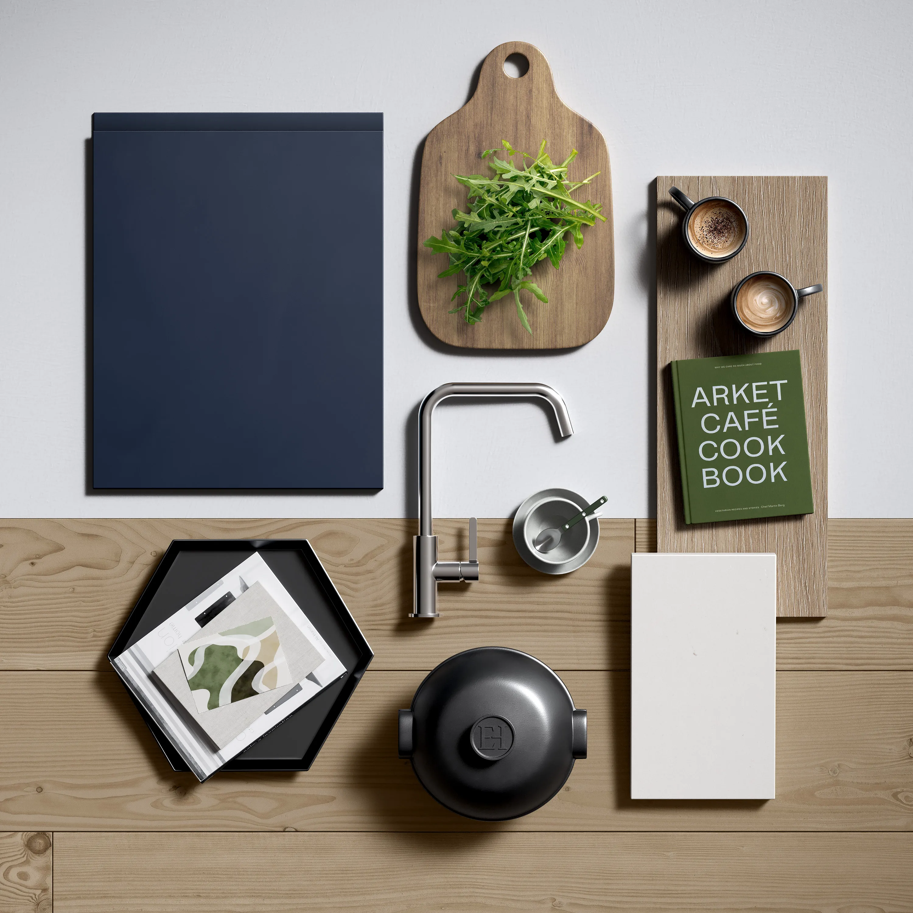 CGI flatlay incorporating key elements like an indigo Jayline door, oak flooring and plain white walls