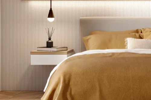 CGI mustard bedding with a floating bedside table