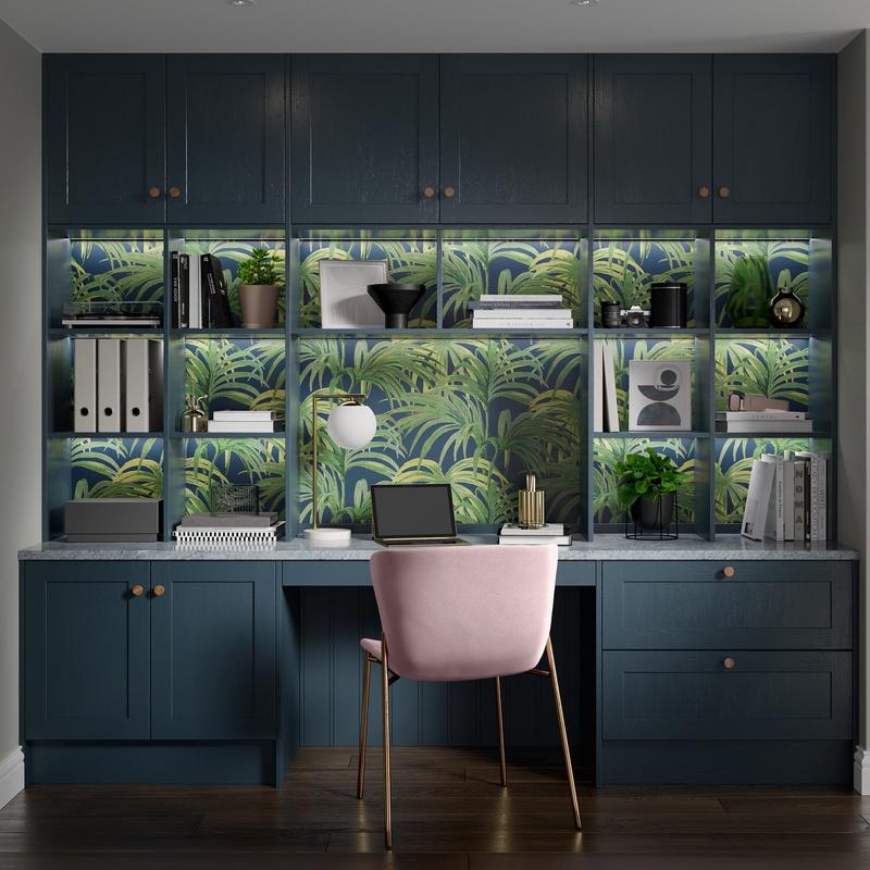 Built in deep blue home office area with tropical palm feature wallpaper. CGI render by Pikcells