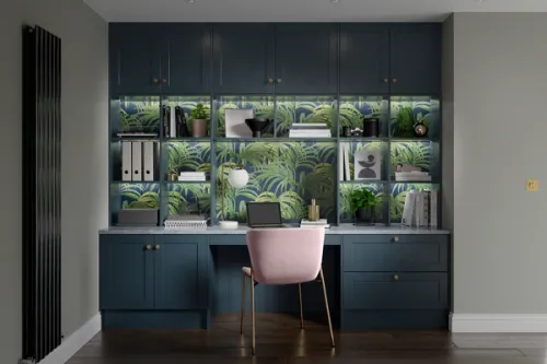 Built in deep blue home office area with tropical palm feature wallpaper. CGI render by Pikcells