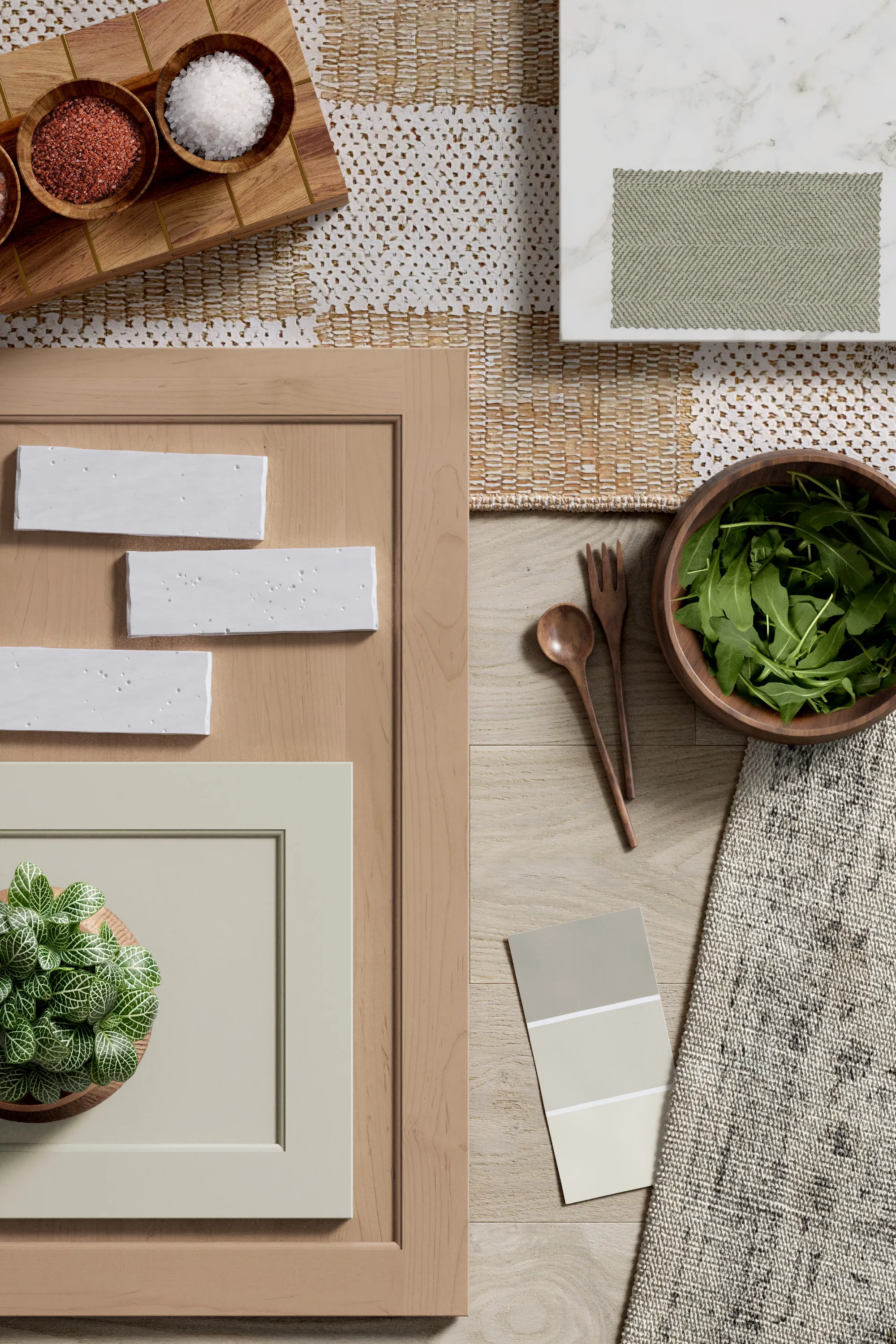 A CGI flat-lay crafted to display the elements of a contemporary American kitchen interior