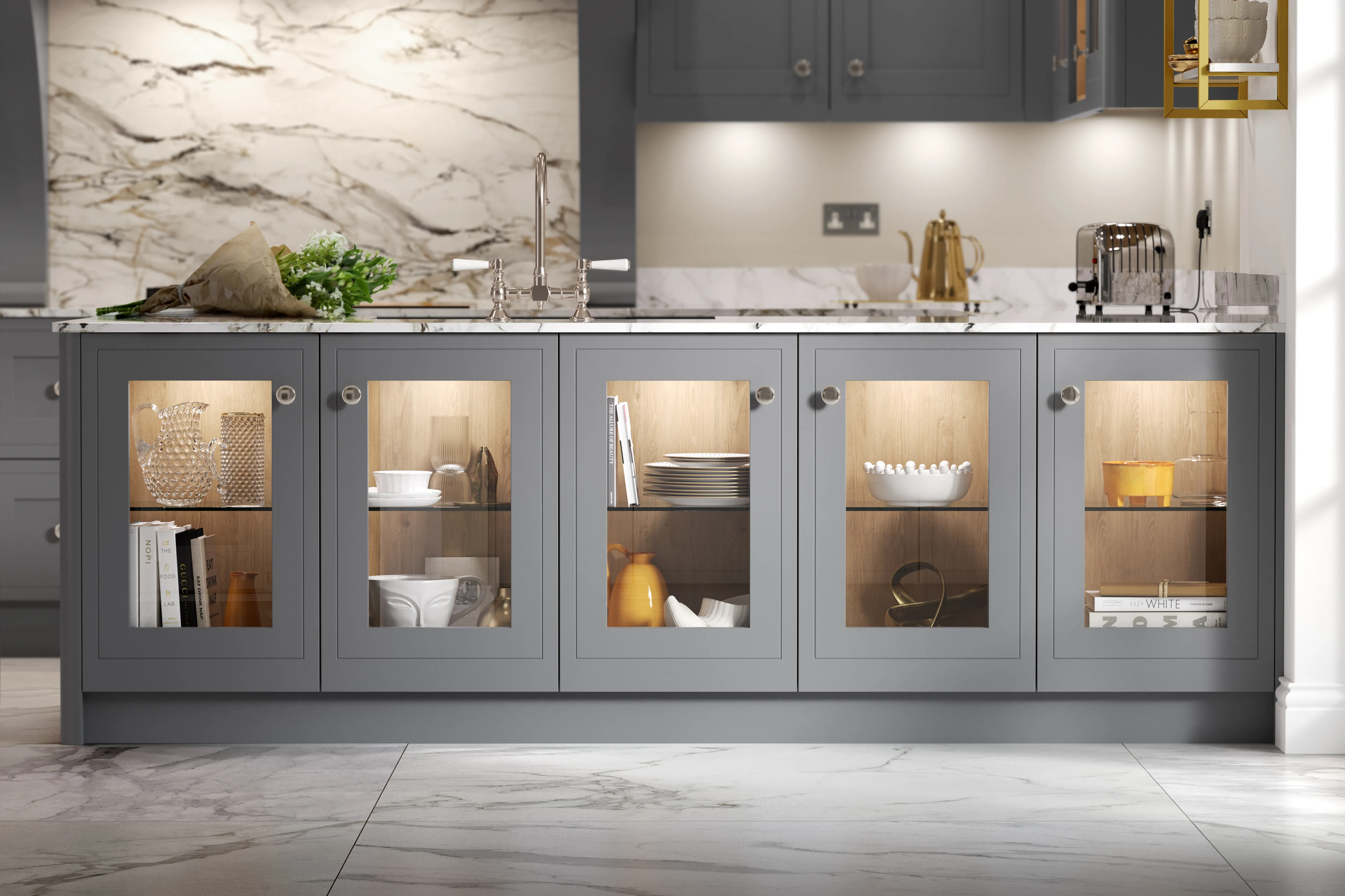 Glazed grey kitchen cabinetry CGI