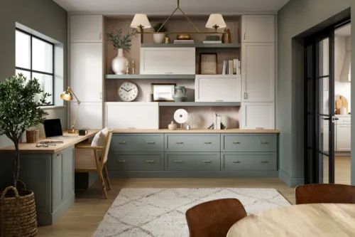 Shaker style home office with sage and cream cabinetry CGI