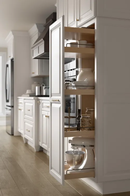 Pull-out larder cabinet 3D rendered to display the internal storage.