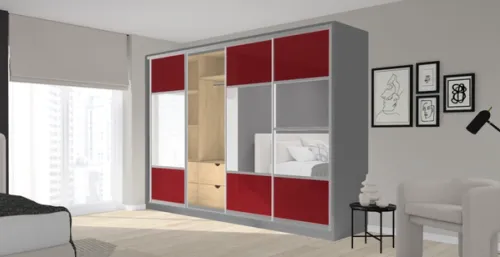 Interactive 3D sliding wardrobe configurator showing a red and mirrored sliding wardrobe system.