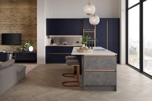 Modern blue kitchen CGI with brushed copper rails