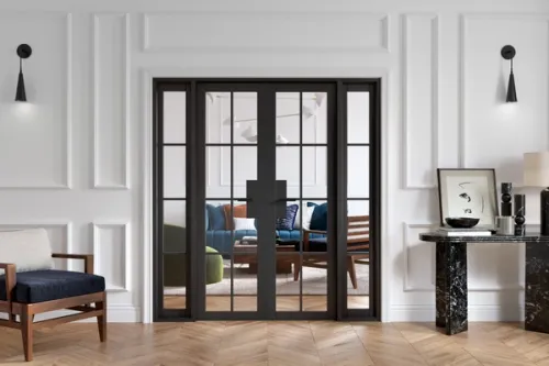 Crittall style black clear glazed internal French door room divider with two sidelight panels