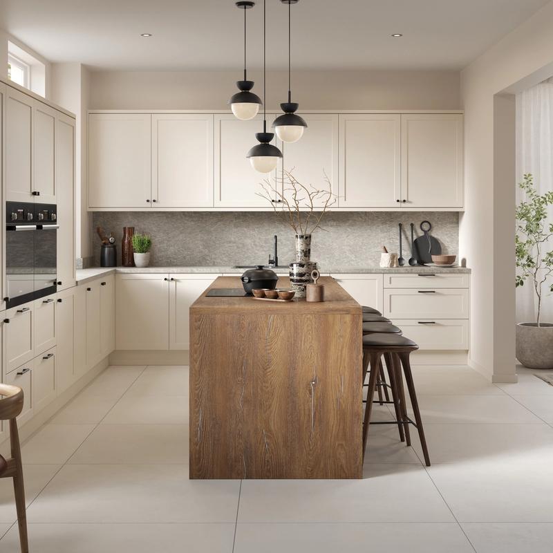 A bright contemporary CGI kitchen interior with Angora cream cabinery and warm timber finishes.
