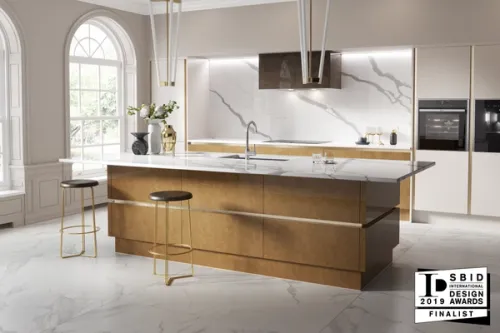 Gold profile Milano kitchen with island and tall unit bank