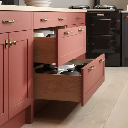 Detail CGI of a red Shaker kitchen drawer cabinet