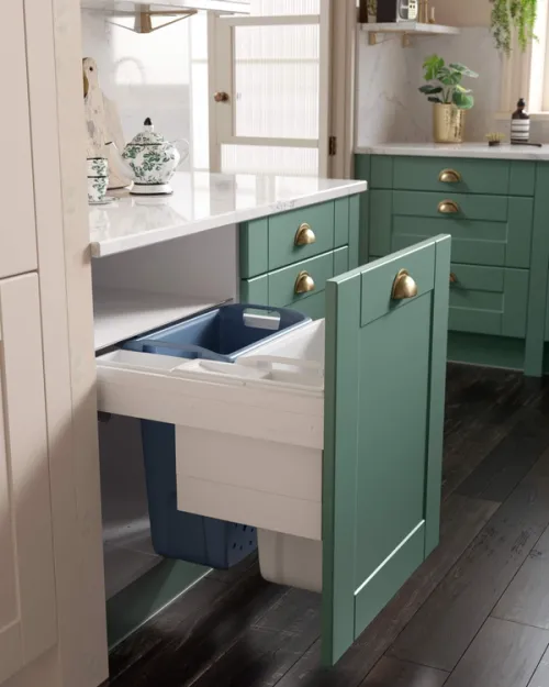 Pull out waste bin CGI - Wren Shaker Forest Green Kitchen - Ideal Home Kitchen of the Year 2021