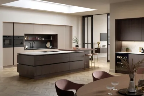 Modern walnut and almond beige handleless kitchen CGI