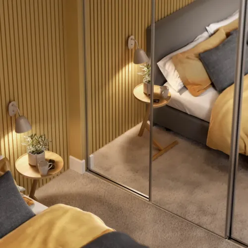Yellow bedroom CGI displaying our clients mirrored wardrobes alongside the bed and bedside table