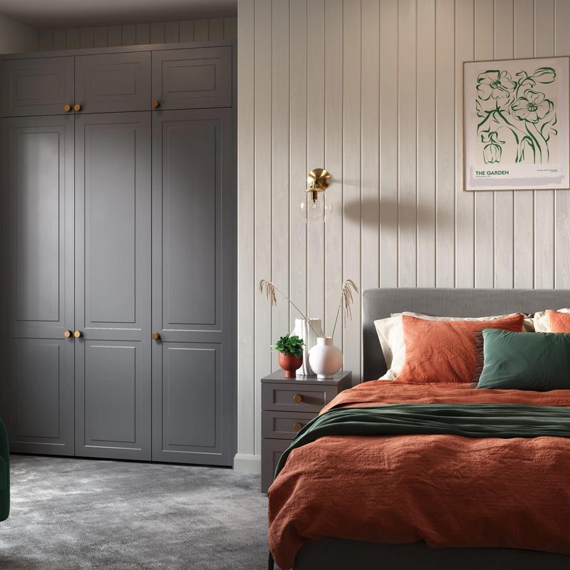 A chic bedroom interior featuring classic lava grey wardrobes.