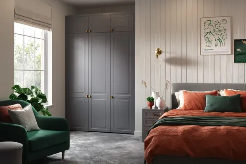 A chic bedroom interior featuring classic lava grey wardrobes.