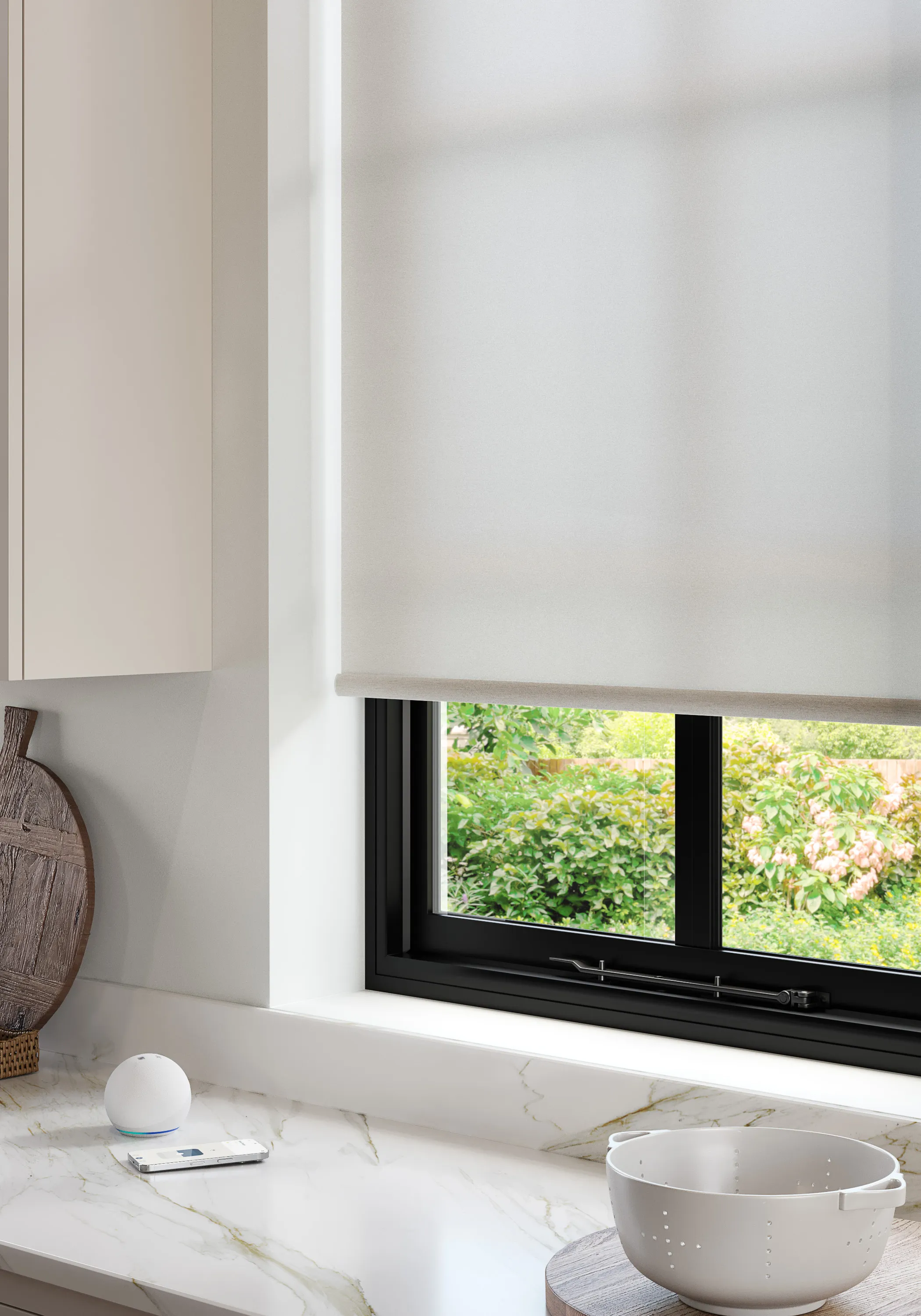 White window blind lifestyle CGI detailing accurate opacity and fabric textures