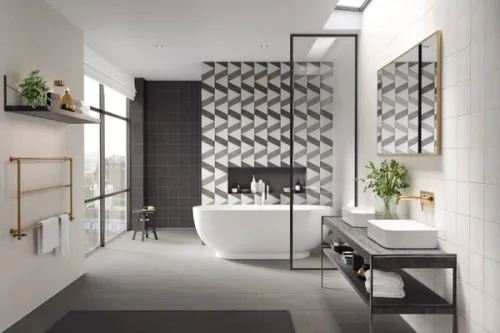 Modern apartment bathroom CGI with a monochrome and gold scheme