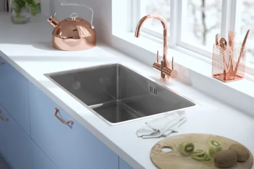 3D rendering of a stainless steel kitchen sink and copper accessories