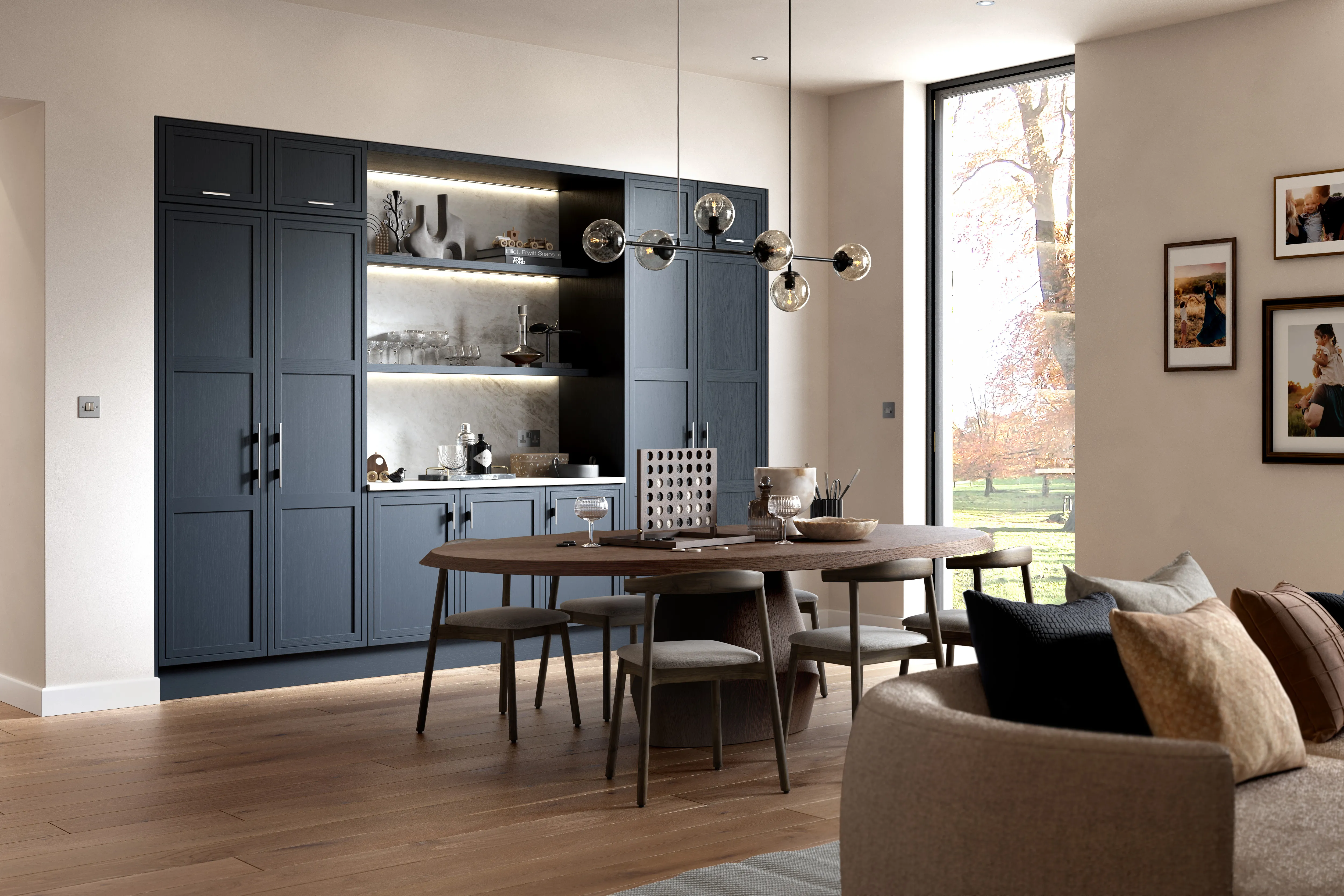 Impressive CGI dining area featuring tall Shaker style cabinetry in a rich, deep blue hue