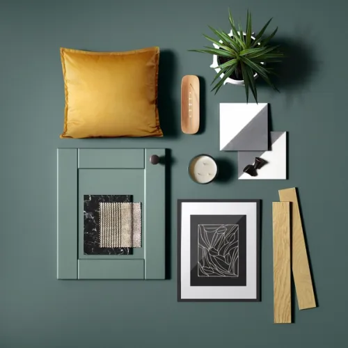 CGI flat-lay image of the elements from a new bedroom scene. Perfect for previewing interior design, colour combination and marketing purposes.