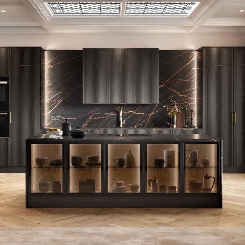 A sophisticated kitchen CG render with fluted black cabinetry doors and luxurious quartz backsplash