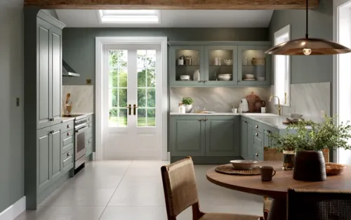 3D rendered kitchen interior with traditional sage green cabinetry