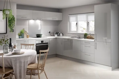 Gloss grey budget kitchen CGI